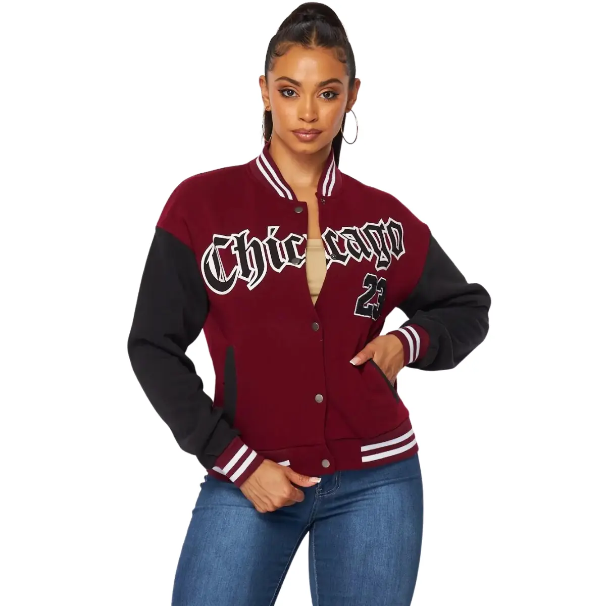 Mya  Chicago varsity Snap Jacket Casual Retro Womenswear Coats Day Jeans T-Shirt Tops Underwear Vibe Lady Collared Long Sleeve Vintage Comfort Preppy