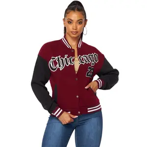 Mya  Chicago varsity Snap Jacket Casual Retro Womenswear Coats Day Jeans T-Shirt Tops Underwear Vibe Lady Collared Long Sleeve Vintage Comfort Preppy