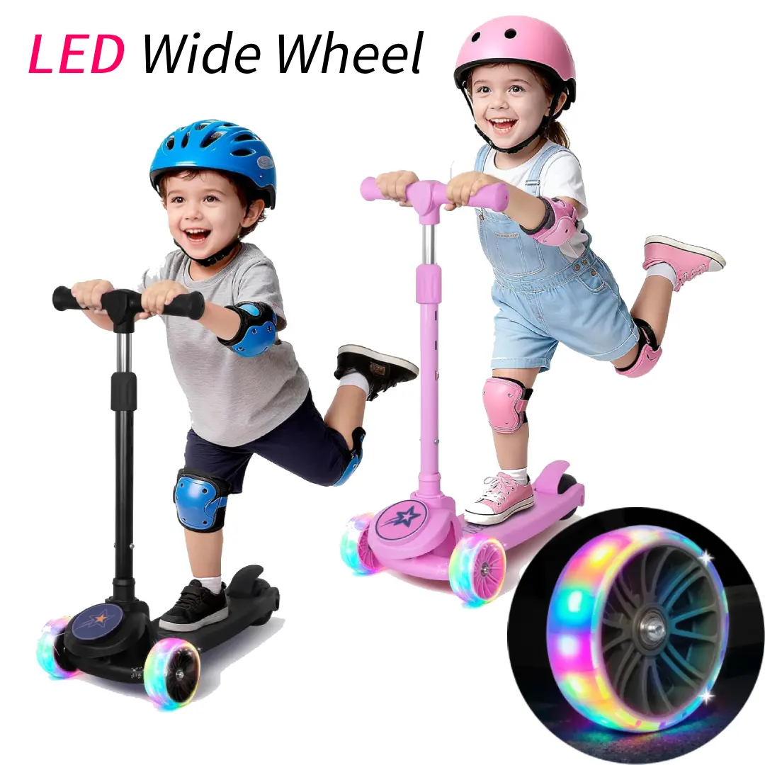 Nattork 3-Wheel Beginner Scooter, Lean-to-Steer Balance Trainer, LED Light-Up Wheels, 3-Height Adjustable, Foldable Design, ABEC-7 Bearings, Outdoor Activity Toy for Kids Ages 3-8, Max 110 LBS