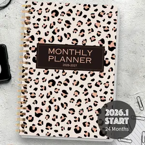 2026-2027 Monthly Planner, Leopard Print Cover, Metal Wire Binding, Fashion Personal Style, Girls Time Management Notebook, Spiral Bound Planner