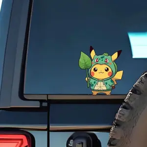 Cute Pikachu in Bulbasaur Hoodie – Kawaii Peeker Sticker, Cute Anime Sticker | Waterproof Vinyl Decal for Laptop, Water Bottle, Car, Gamer Gift