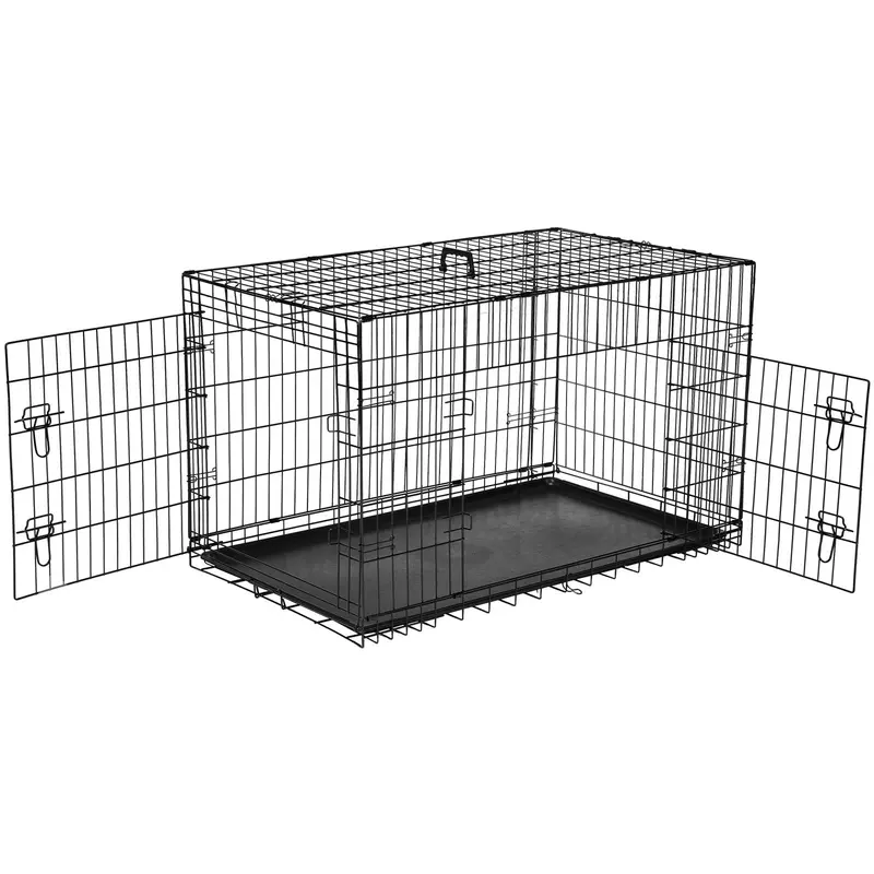 Escape Proof Coated Metal Mesh Dog Crate - Steel Collapsible, 24/30/36/42/48in Double-Door, Double Locks, Divider Training Panel, Leak Tray, Enhanced Security, Cage Crates & Kennels, Leakproof Crates & Kennels for Indoor, Camping Use