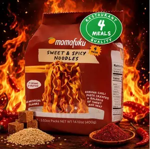 New!!! Momofuku Sweet & Spicy Ramen Noodles by David Chang, 4 Pack of Restaurant Quality Instant Noodles Now with More Sauce & 10g of Protein