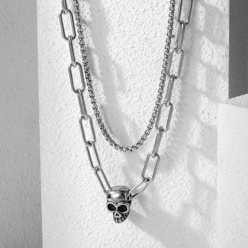 Hermah Mens Skull Charm Necklace Silver Color Stainless Steel Double Layer Box Cable Choker 18inch Toggle Clasp Punk Hiphop Jewelry Halloween Gifts