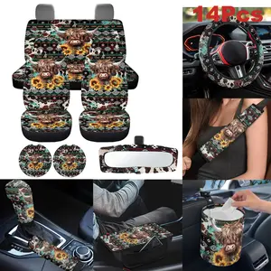 Highland Cow Car Seat Covers for Women, 14pcs Western Car Accessories Full Set, Seatbelt Pads Garbage Box Steering Wheel Cover Armrest Protector, Valentine’s Day Gift for Her Him