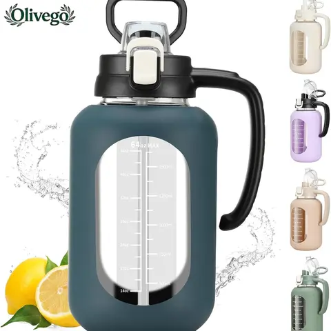 Olivego 64oz Half Gallon Wide Mouth Glass Water Bottle Tumbler - BPA-Free Glass Drink Container, Leak-Proof, Time Marker, Motivational Quote, Silicone Sleeve, Handle Lid, Ice+Fruit Easy Fill for Gym, Hiking