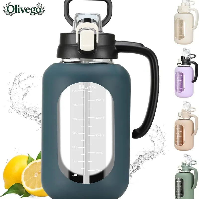 Olivego 64oz Half Gallon Wide Mouth Glass Water Bottle Tumbler - BPA-Free Glass Drink Container, Leak-Proof, Time Marker, Motivational Quote, Silicone Sleeve, Handle Lid, Ice+Fruit Easy Fill for Gym, Hiking,familyfun