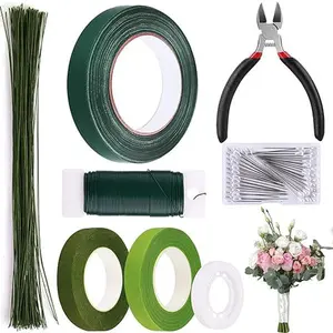 Floral Tape and Floral Wire,Floral Arrangement Kit with Green flower tape for bouquets,Boutonniere pin,White Ribbon, Wire Cutter for bridal bouquet kit, Wreath Making Supplies