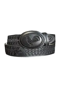 Black Western Style Embroidered Rooster Leather Belt Cinto Negro Bordado Vaquero con Gallo