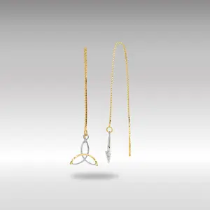 Yellow and White 14K Gold Diamond Cut Box Chain Celtic Knot Threader Earrings Model-TE659