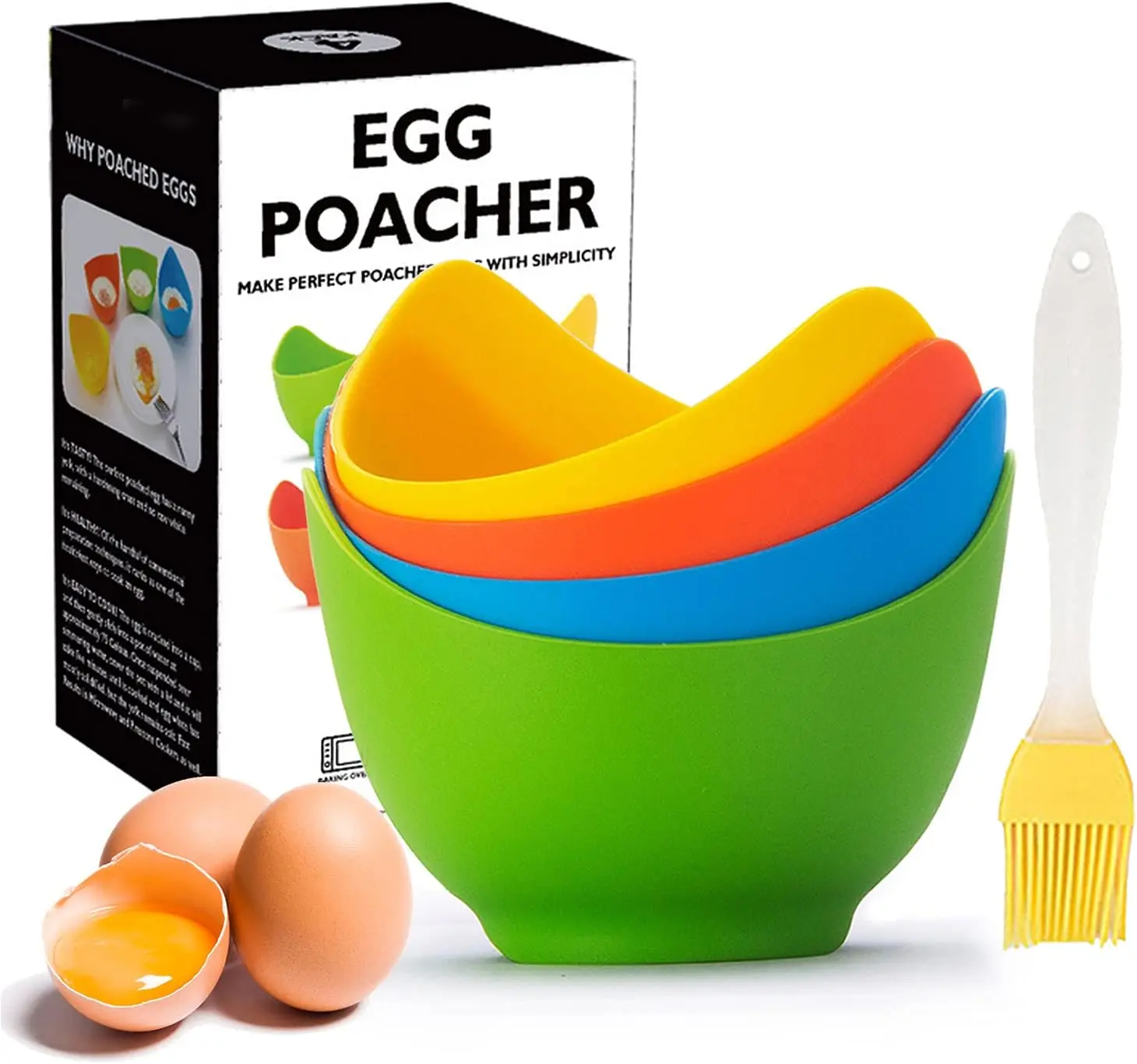 Egg Poacher -  Poached Egg Cooker with Ring Standers,  Egg Poacher Cup for Microwave & Stovetop Egg Poaching, Oil Brush, , 4 Pack