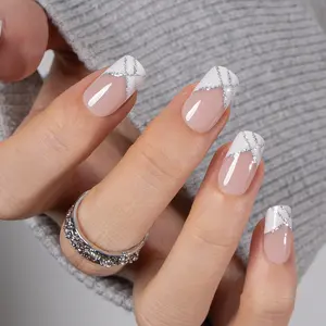 Dainty Stitch Press On Nails | CurvLife Nail | 24pcs Medium Square Fake Nails | Glossy Finish with Delicate Stitch Patterns | Easy to Apply, Comfortable & Long-Lasting | Great for Bridal Events, Tea Parties, Vintage Gatherings & Elegant Moments