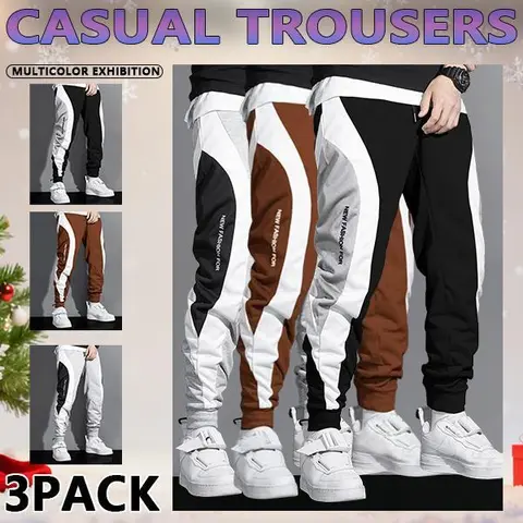 Men's 3-Pack Move-Easy Regular Fit Drawstring Track Pants - Spliced Color, Pocket Design Active Casual Joggers for Fall, Winter Daily Wear Athleisure Use