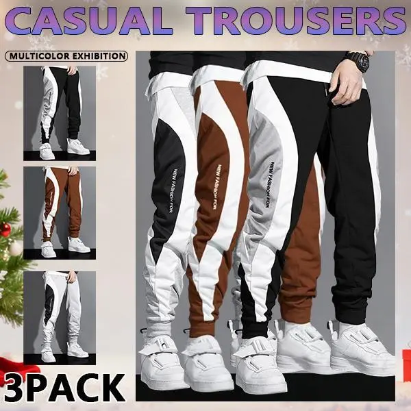 3 pack Men's Regular Fit  Splicing color Drawstring Waist Sweatpants, Casual Pocket Design Pants for Fall & Winter, Men's Trousers for Daily Wear