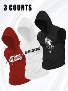 3 Counts Men's Jesus Print Sleeveless Hoodie, Religious Faith Graphic Gym Tank Top, Black White Red Christian Streetwear Hooded Vest, Workout Casual Outfit for Gym, Daily Wear #springsaledeals2026 #summeroutfits #tiktokshopmademebuyit