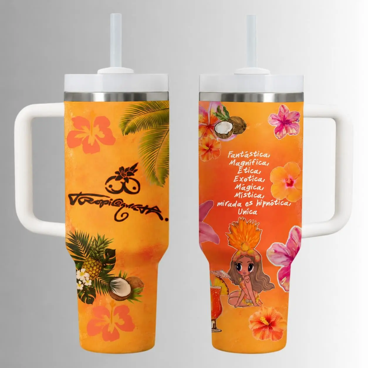 Tropical Summer 40oz Tumbler, Island Vibes Travel Mug, Hibiscus and Pineapple Aesthetic Cup with White Handle