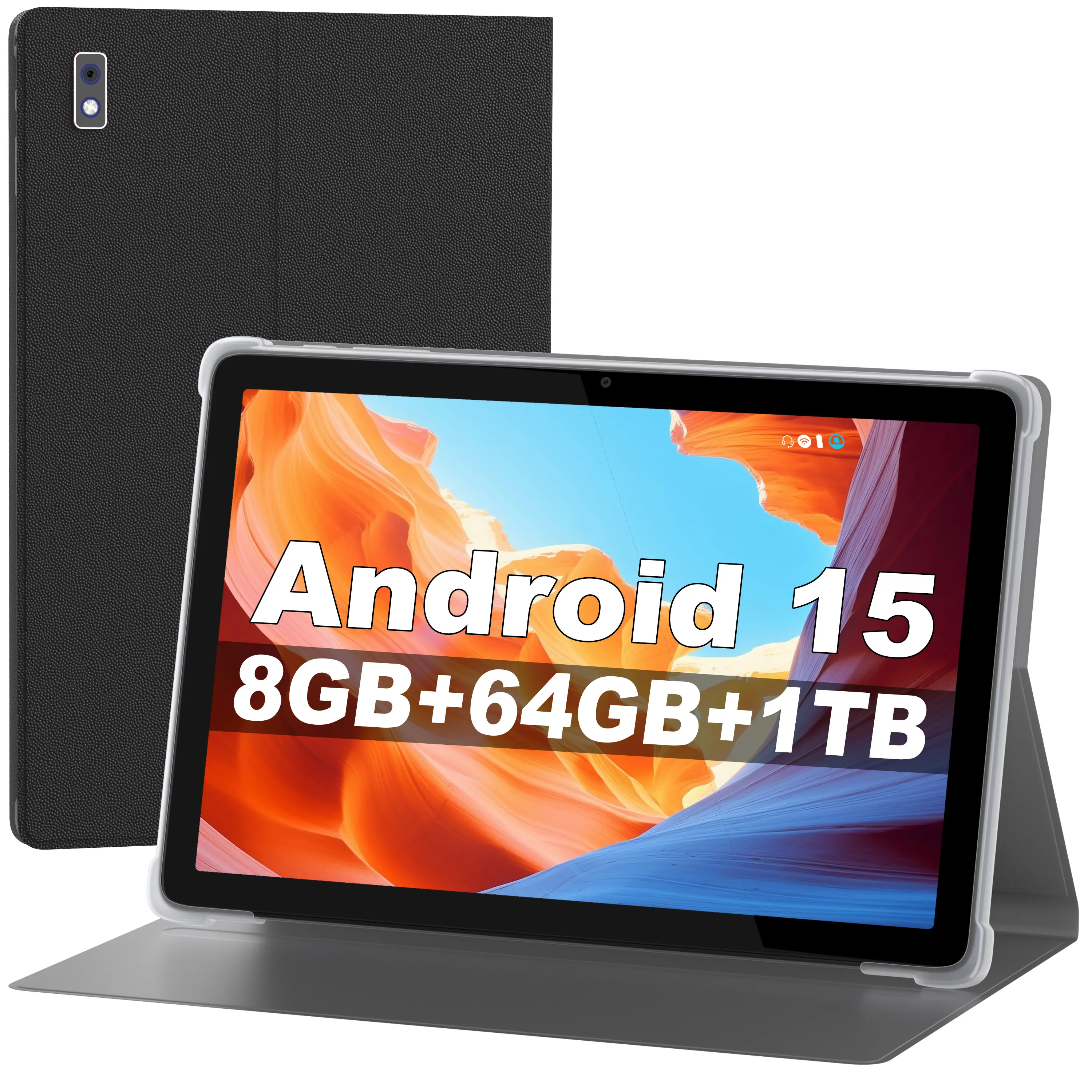 BYYBUO 10.1 Inch Android 15 Pad with Case, 8(3+5)GB+64GB Quad-Core Processor, Wireless Touchscreen IPS LCD Tablet with Camera
