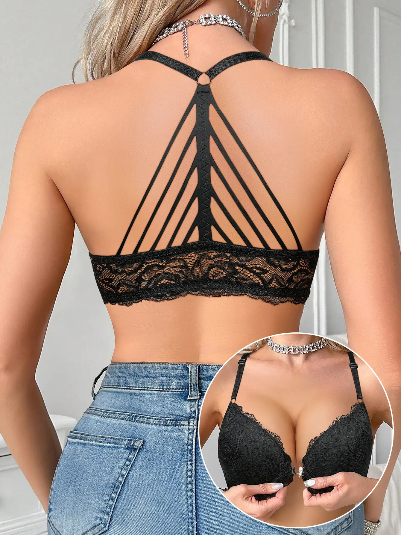 Women's Lacy Romantic Halter Neck Front Closure Push Up Underwire Bra - Hollow Lace, Backless, Adjustable Straps, Anti-Sag, Anti-Slip, Side Support, Soft Breathable Polyamide, Hand Wash for Summer Outfits, Halloween