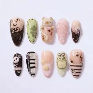Mismatched 3D Kawaii Cat Press on Nails with Piano Apple & Lace | Fake Nails in Short Almond | Chocolate Pastel Coquette Art