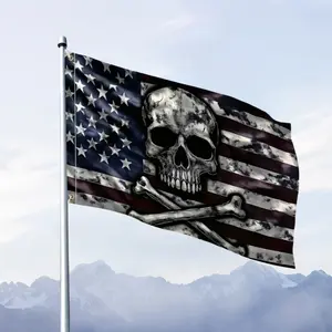 3x5 Ft Vintage Skull Crossbones American Flag, Worn Pirate‑Style USA Polyester Flag, Heavy‑Duty Fade‑Resistant Flag for Biker Man Cave, Yard, Patriotic & Gothic‑Themed Decor