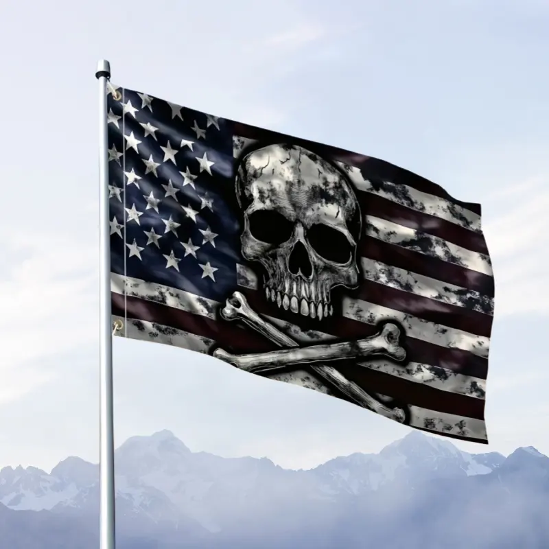 3x5 Ft Vintage Skull Crossbones American Flag, Worn Pirate‑Style USA Polyester Flag, Heavy‑Duty Fade‑Resistant Flag for Biker Man Cave, Yard, Patriotic & Gothic‑Themed Decor