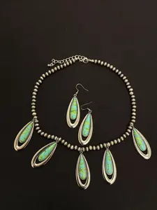 Western Turquoise Style Necklace Set Silver Tone Beaded Statement Jewelry