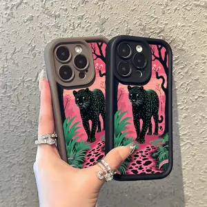 A Creative and Dreamy Pink Forest and Black Panther Pattern Matte Phone Case, Suitable for iPhone 17 Air/16 Plus/15 Pro Max/14 Pro/13/12/11/XS Max/X Phone Case, Ideal for Holiday Gifts to Family, Friends, Lovers, Boyfriends, Girlfriends, Best Choice TY939