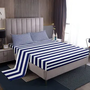 Navy Blue Stripe Bed Sheets,White Geometric Ticking Stripes Fitted Sheet,Farmhouse Horizontal Stripes Gothic Modern Abstract Striped Sheet Set