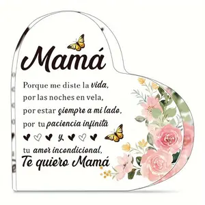 Heart Shaped Mamá Acrylic Desk Plaque, Spanish Language Sentimental Thank You Mom Gift, Warm Desktop Table Decor Mother's Day Birthday Present For Mom