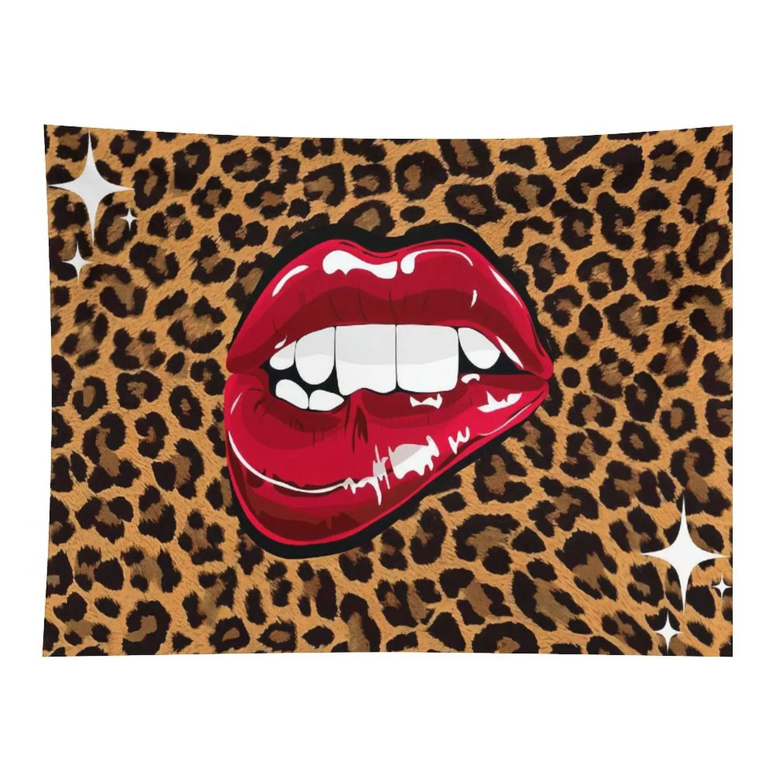 Retro Leopard Print Glossy Red Lips Tapestry Trendy Pop Art Lip Pattern Aesthetic Wall Hanging For Girls Bedroom Dorm Decor
