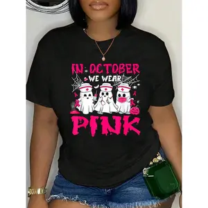 100% Cotton In October We Wear Pink Nurse Ghost Halloween Breast Cancer T-Shirt Women's Summer Plus Size Classic Soft Crew Neck Tee Tops