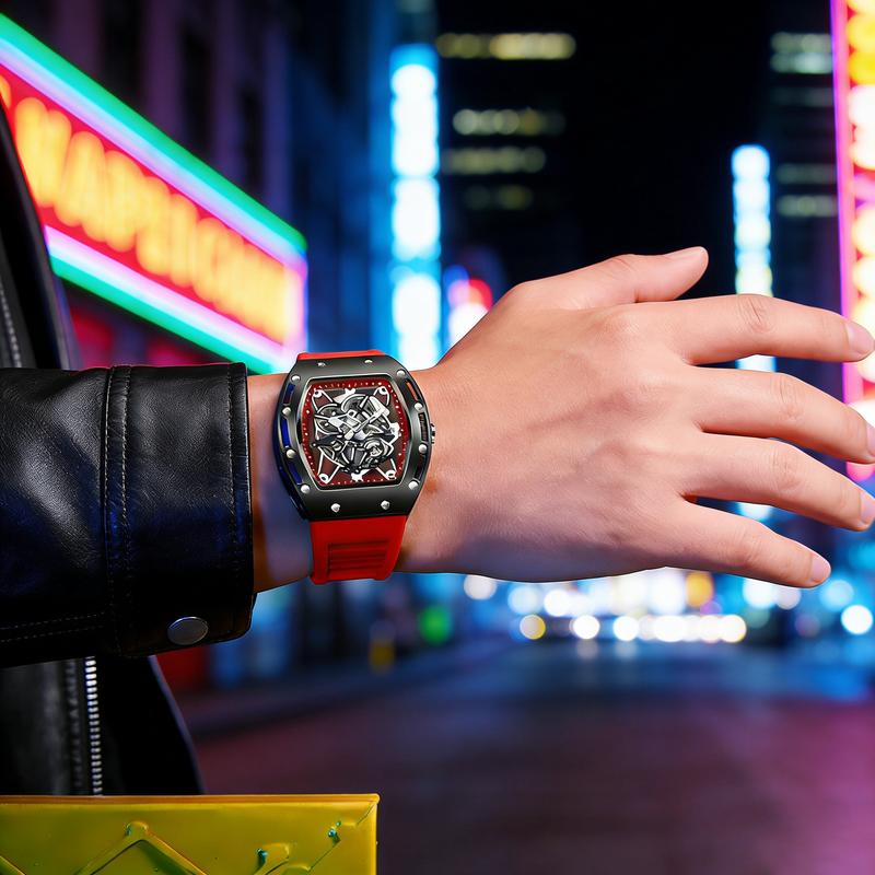 Men's Barrel-Shaped Skeleton Watch Black and Gold Tone Water Resistant 30M Quartz Analog Wristwatch with Silicone Strap for Daily & Outdoor Use Birthday Gift Idea