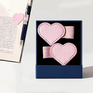 2Pcs Mini Portable PU Leather Mark Bookmark with Pen Holder Gift Box, Heart-Shaped Magnetic Bookmarks Page Clips, Highlighter, Book Annotating Tabs Marks Accessories for Diaries Notebooks Book Lovers Readers Women Girl Students Office Stationery Supplies