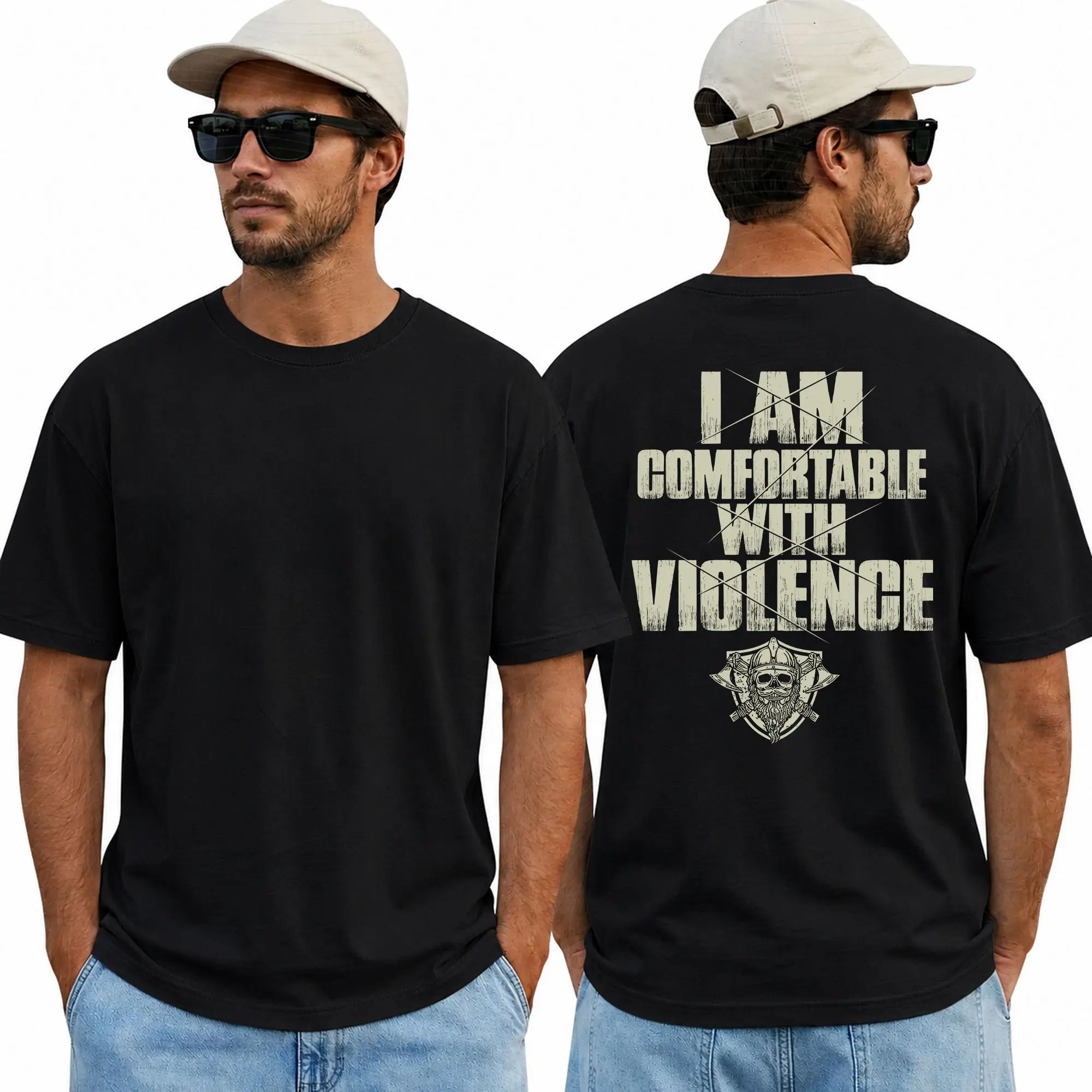 I Am Comfortable With Violence Viking Skull Graphic Tee – Bold Statement Streetwear Shirt, Short Sleeve Printed Graphic Shirt, Unisex Graphic Tees, Funny Shirts, Daily Casual Cotton Menswear