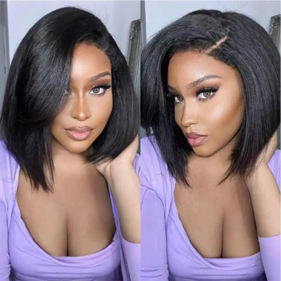 Human Hair Lace Front Wig, 4C Edges Hairline Kinky Straight Glueless Short Bob, 8x5 HD Pre-Bleached Knots, Natural Scalp, 220% Density, Heat Resistant, Ready to Go, Heat Resistant Wig