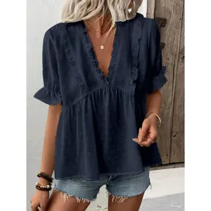 Women's Casual Puff-Sleeve Ruffle-Trim V-Neck Blouse, Summer Daily-Wear Top,summervibes