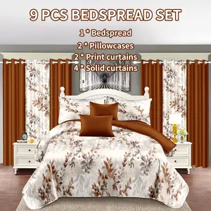 9-piece home decor set (various patterns available): bedspread 1 + printed pillowcases 2 + curtains 6 (printed ×2, solid color ×4), all-season, suitable for home decoration, making the bedroom more beautiful