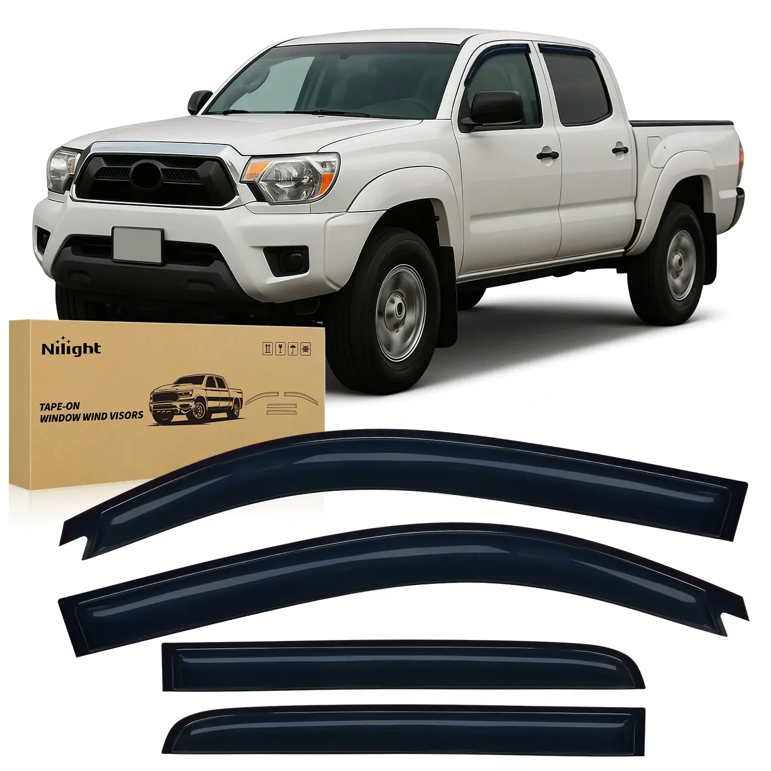 Nilight Out-Channel Classic Side Window Deflectors & Visors - 4PCS Acrylic Truck Rain Guards for 2005-2015 Toyota Tacoma Double Cab, Heat Install Auto Accessories, Reduces Wind Noise, Prevents Mirror Fogging