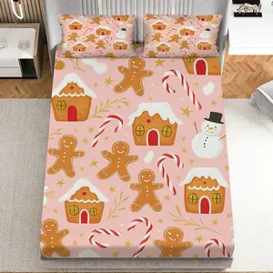 3Pcs Gingerbread House Snowman Candy Fitted sheet Three Piece Set (1*Fitted Sheet+2*Pillowcases, Coreless), Christmas theme, Holiday Cozy Bedding Set, Mattress protector Soft, Breathable