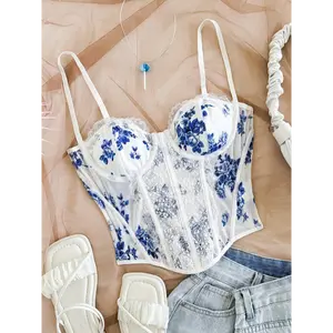 Women's Holiday Blue & White Print Lace Trim Bustier Top, Boned Shaping Cami, Suitable For Party, Valentine's Day, Date, Afternoon Tea, Beach, Cruise, Carnival, Spring & Summer