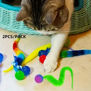 2 Piece Multi-Color Cat Toys Elastic Balls, Plush Caterpillar Jumping Toy Self-Entertainment, Striped Pattern, Fun Interactive Play