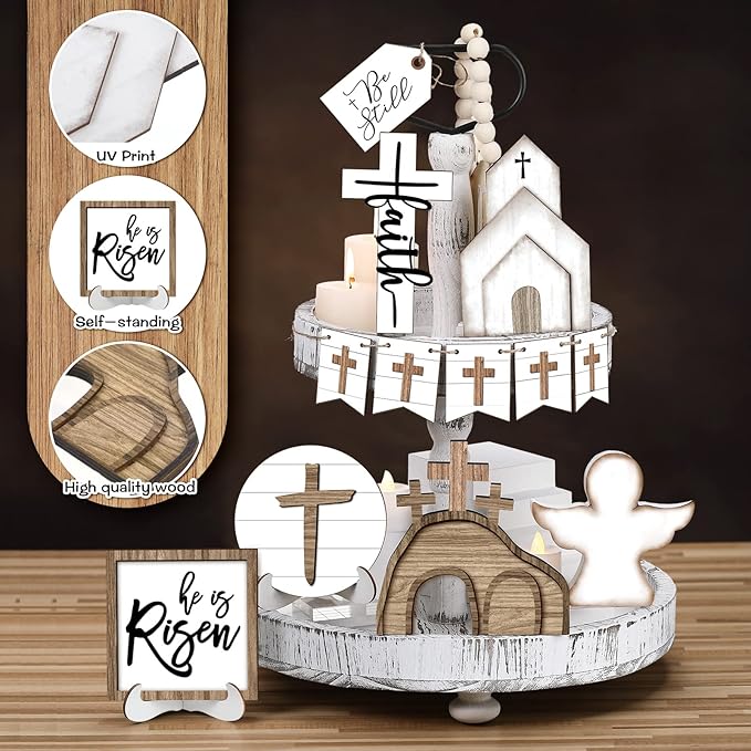 Easter Tiered Tray Decor Wooden Signs Set (No Tray), Rustic Bunny Egg Carrot Jesus Cross Risen Ornaments Cute Durable Layered Tray Signs for Mantel Shelf Table Kitchen Display, Spring Home Easter Decor Christian Family Religious Party Gifts, Date Suppiles