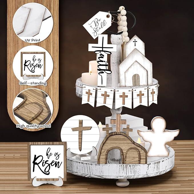 Easter Tiered Tray Decor Wooden Signs Set (No Tray), Rustic Bunny Egg Carrot Jesus Cross Risen Ornaments Cute Durable Layered Tray Signs for Mantel Shelf Table Kitchen Display, Spring Home Easter Decor Christian Family Religious Party Gifts, Date Suppiles