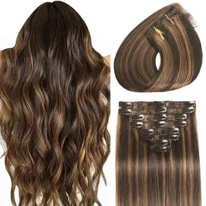 Clip in Hair Extensions Real Human Hair Seamless Balayage 8Pcs Double Weft Dark Brown Highlight Chestnut Brown 16inch 90g Sustainable Carbon Offset