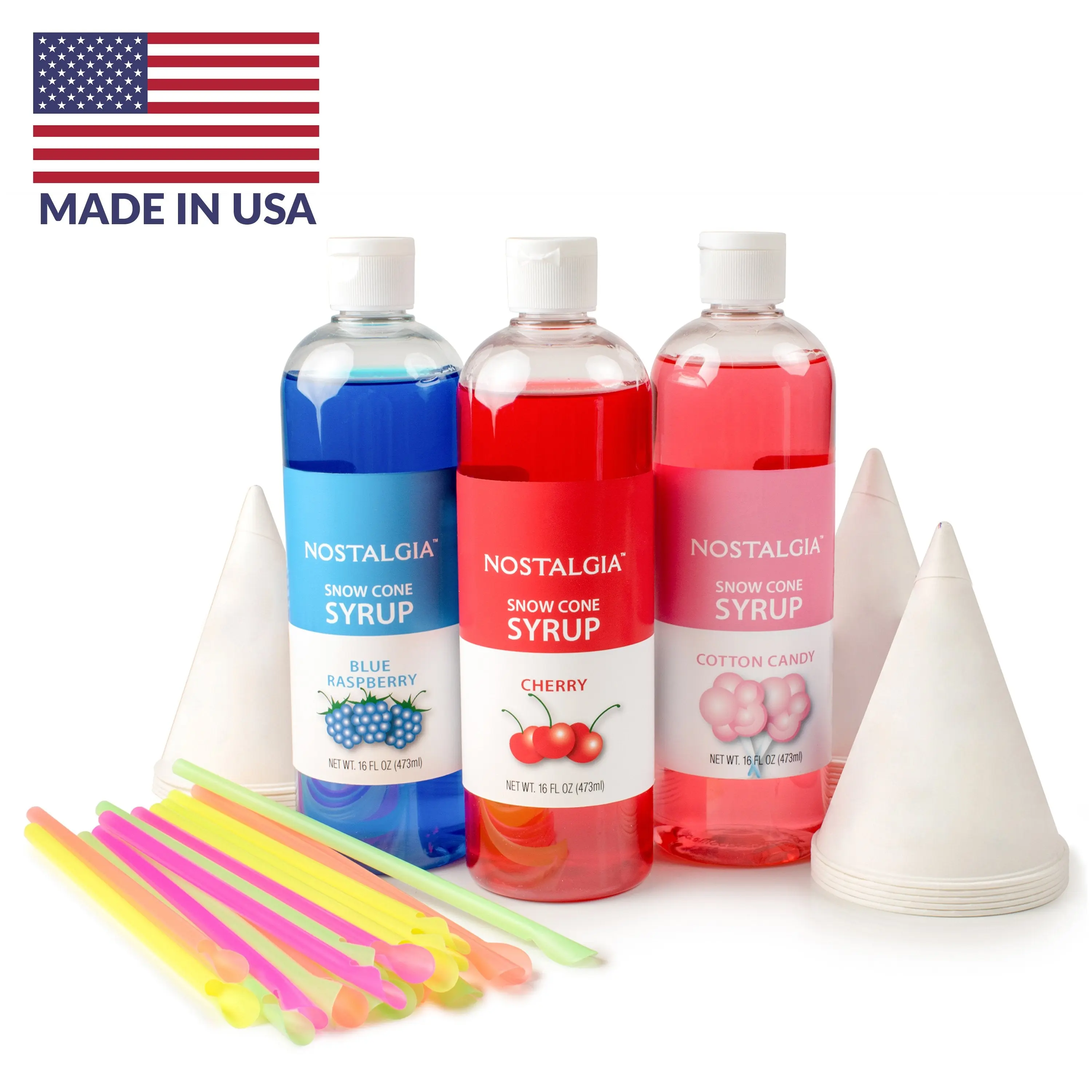 Nostalgia Premium 16-Ounce Snow Cone Syrups Cups & Spoon-Straws Party Kit - Blue Raspberry Cherry Cotton Candy Flavors - 20 Cups & Straws - Made in USA