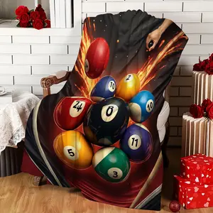1Pc Dynamic Billiard Game Night Blanket - Vibrant Pool Balls & Cue Stick Action Design, Soft Flannel All-Season Cozy Throw For Game Day Parties, For Man Cave & Home Decor, Perfect Gift For Billiard Lovers, Billiards Accessories, Party Accessory, Contempor