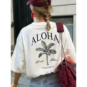Aloha Palm Tree Graphic Tee Womens Oversized Short Sleeve Casual Summer Vacation Beach Top Trendy Streetwear Relaxed Fit Soft Comfy Everyday