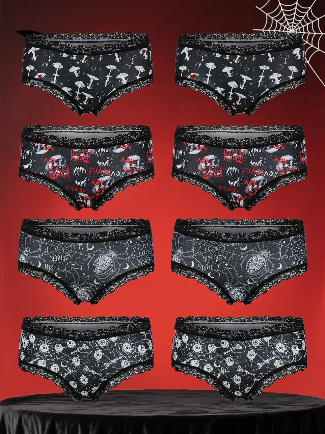 Morvia 8pcs Sexy Cute Gothic Halloween Contrast Lace Hipster Panties, Allover Print Comfy Intimates Briefs Panties, Women's Fashion Breathable Underwear & Lingerie, Printed Panties
