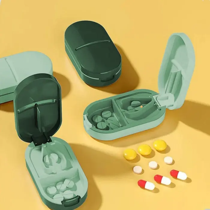 Overt Pill Cutter with Invisible Storage - Bold Green Portable Design for Easy Medication Management