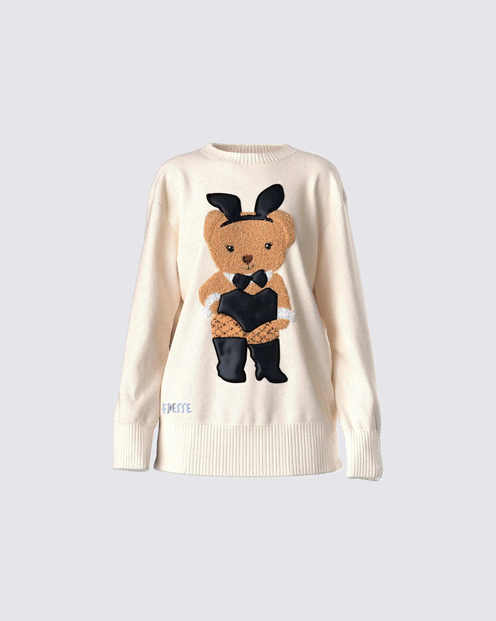 FINESSE Women's Oversized Fit Knit Sweater, Fluffy Teddy Bunny Graphic Long Sleeve Crewneck Top in Magnolia Cream